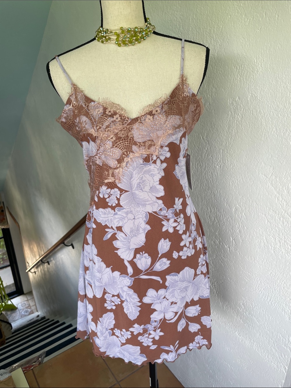 Kirious NWT Floral Lace-Trim Slip Dress in Lilac and Brown Size XL